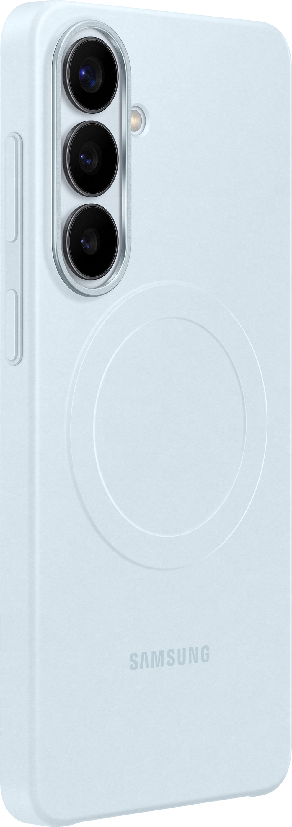 Custodia per telefono azzurra con tre obiettivi e logo Samsung.