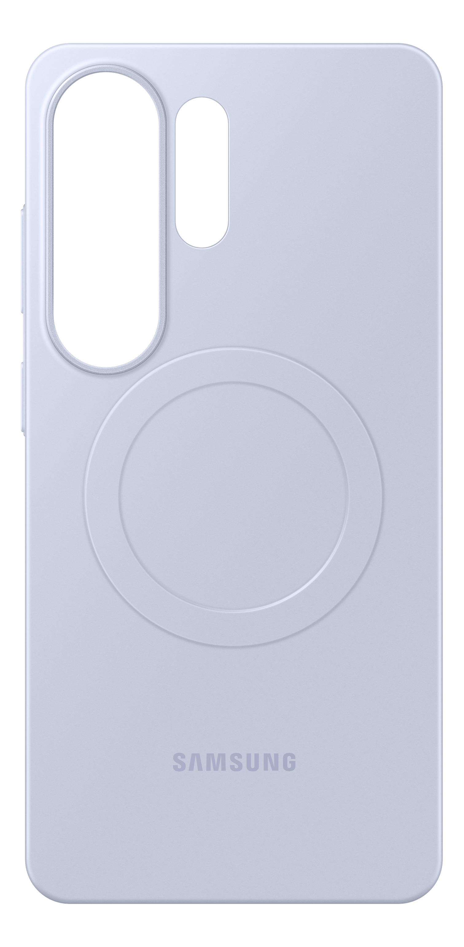 Coque Samsung violet clair avec découpe circulaire et ouverture caméra.