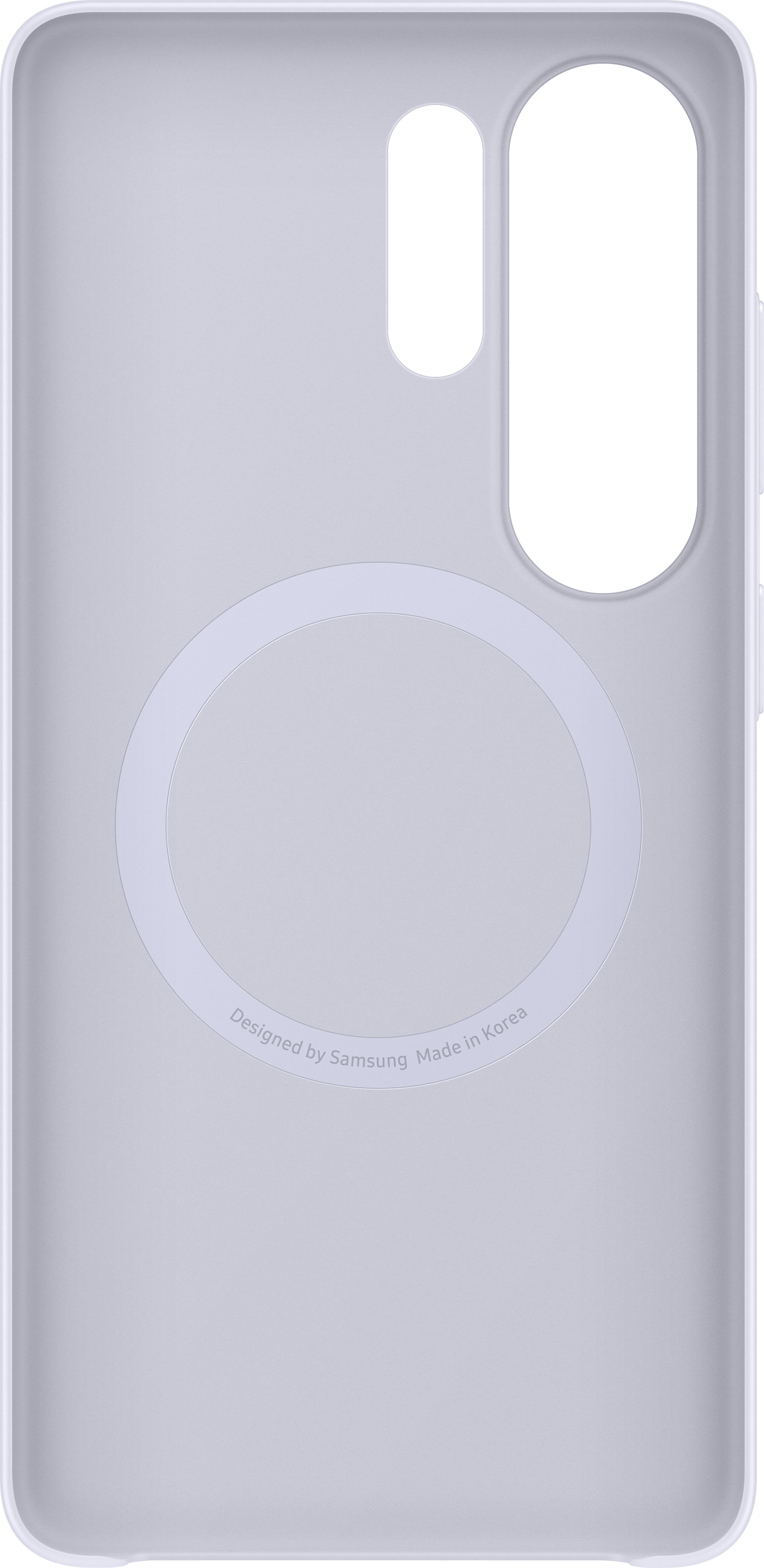 Une coque de téléphone violet clair avec découpes pour appareil photo et port.