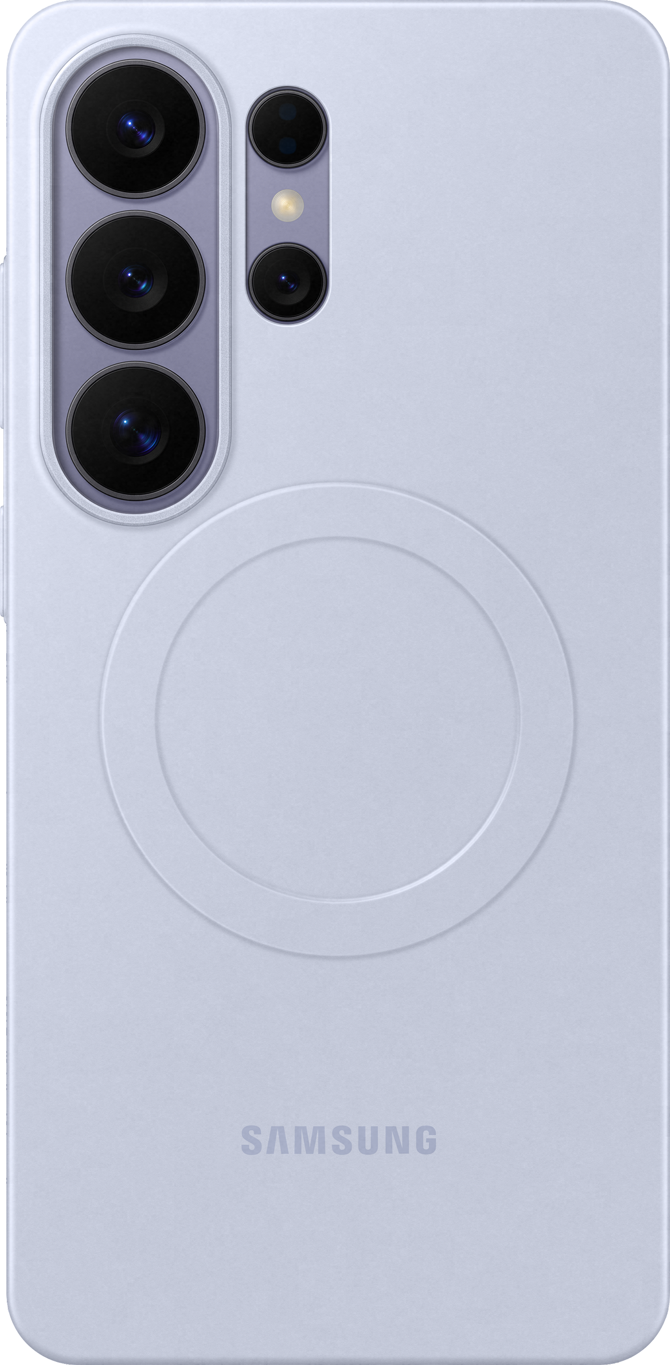 Un smartphone Samsung violet clair avec quatre caméras et un design circulaire.
