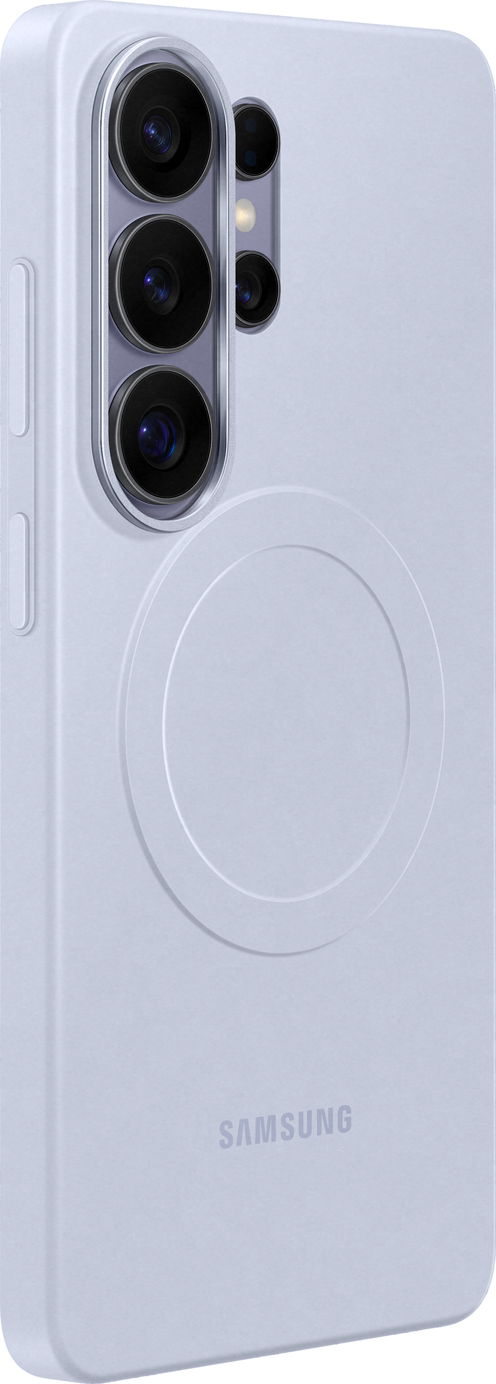 Un étui de téléphone bleu clair avec quatre caméras et un motif circulaire.
