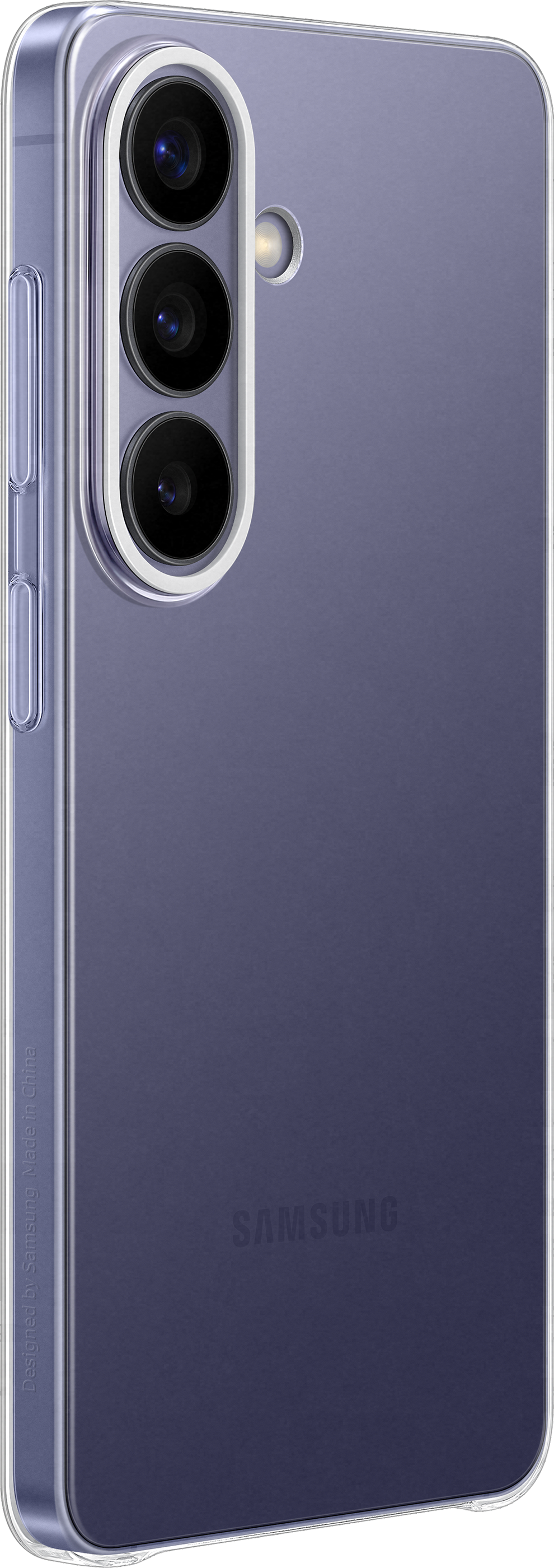 Custodia viola Samsung con foro fotocamera e logo.