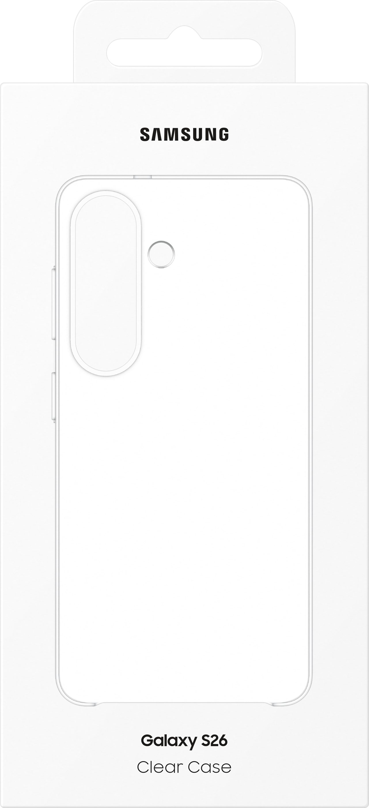 Confezione cover Samsung Galaxy S26, mostra una cover trasparente con foro fotocamera.