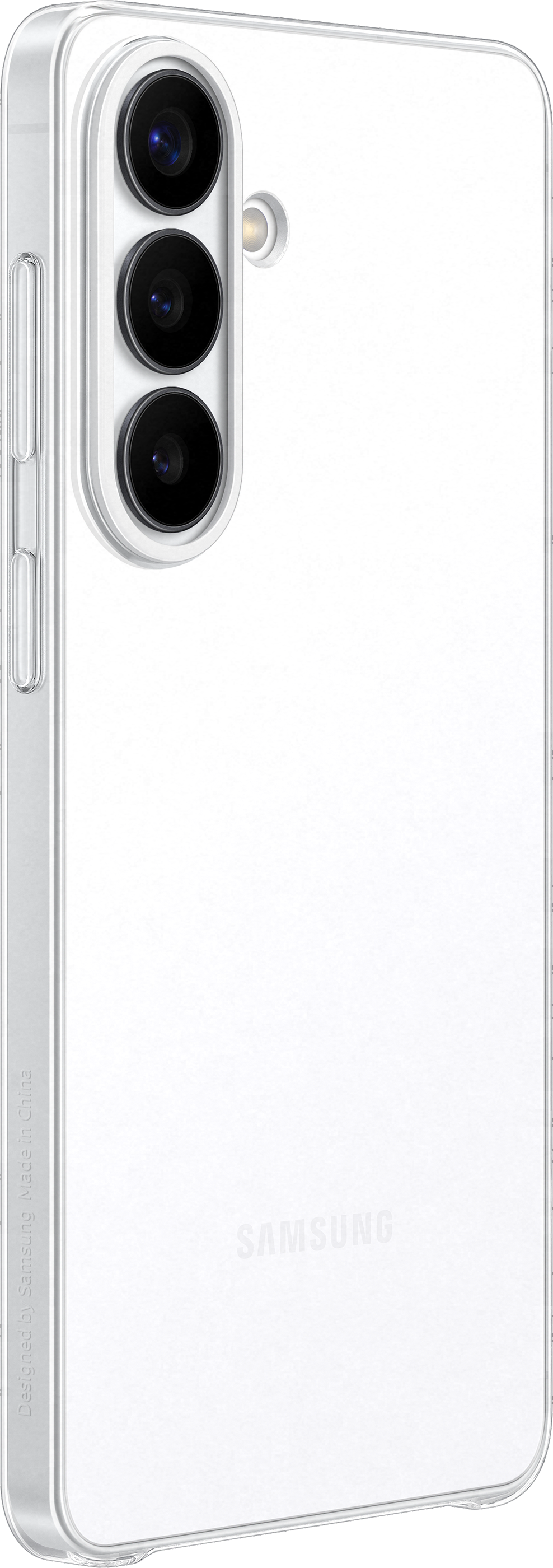 Uno smartphone Samsung bianco con tre fotocamere e flash in custodia trasparente.