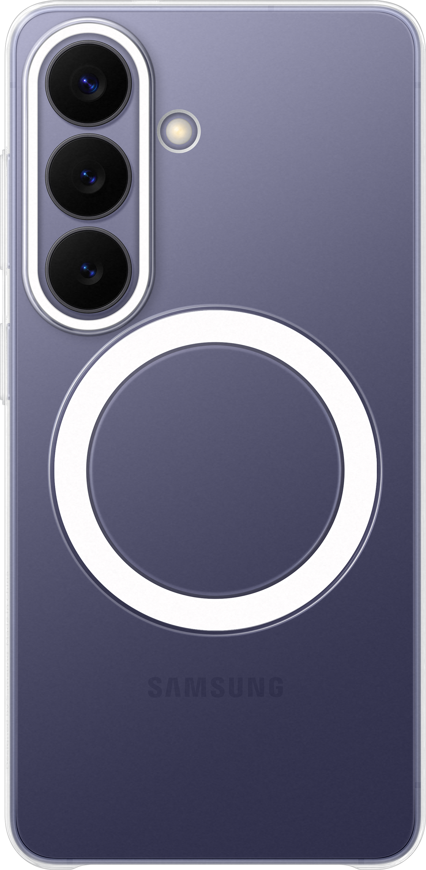 Retro del telefono viola con tre fotocamere, flash e cerchio bianco. Logo Samsung.