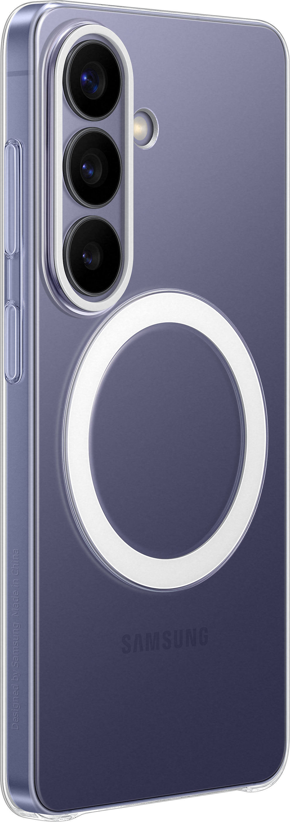 Custodia trasparente con anello bianco e gruppo fotocamera su telefono viola.