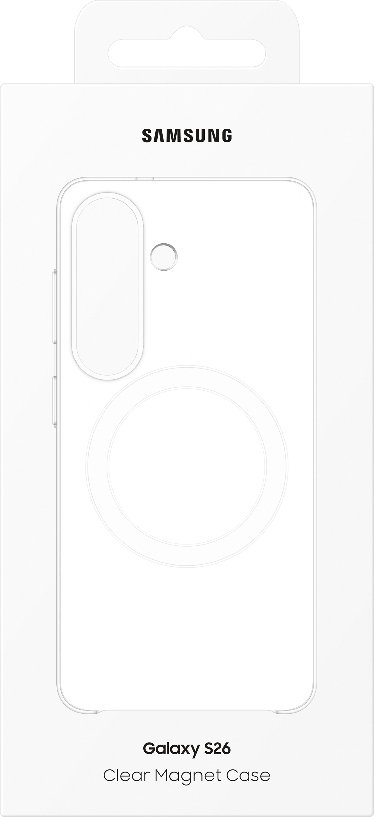 Confezione Samsung Galaxy S26 Clear Magnet Case con contorno telefono.