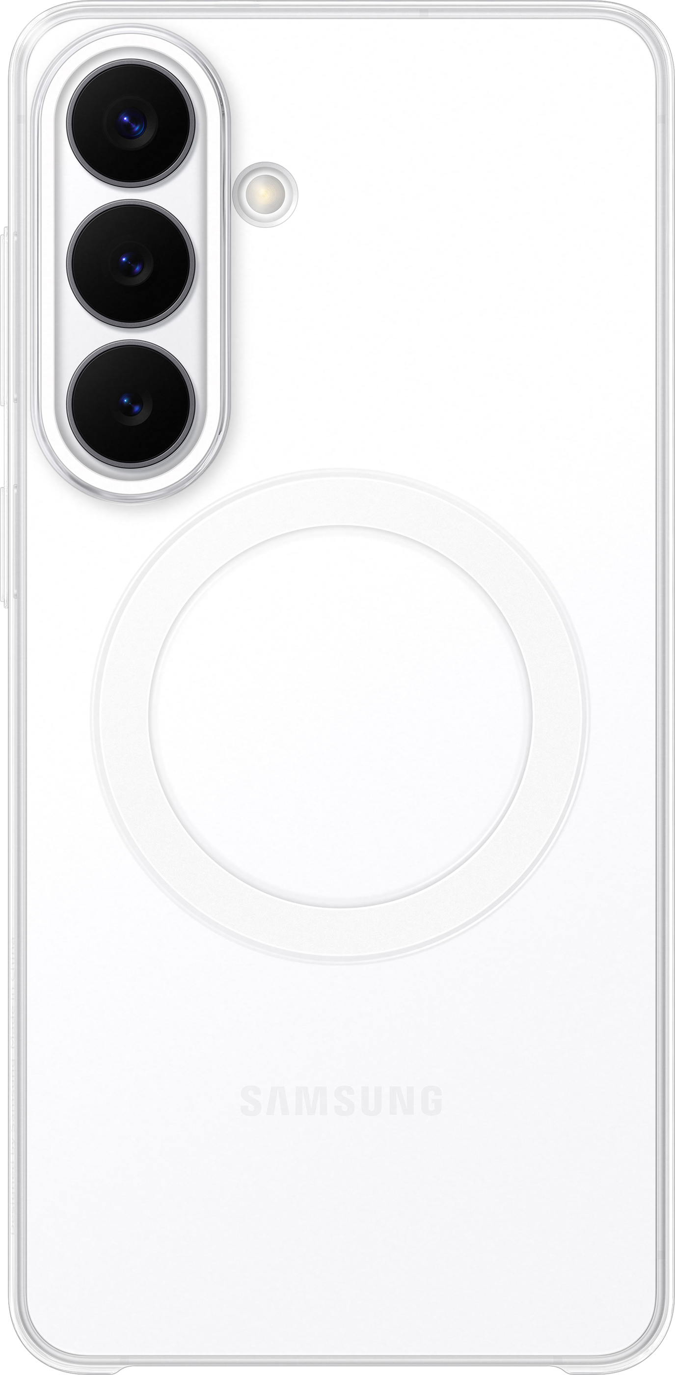 Uno smartphone bianco con tre fotocamere e flash. Il logo Samsung è visibile.