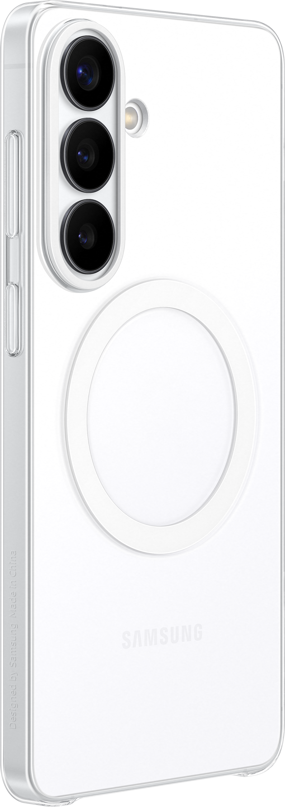 Custodia bianca per telefono con tre fotocamere e un cerchio.