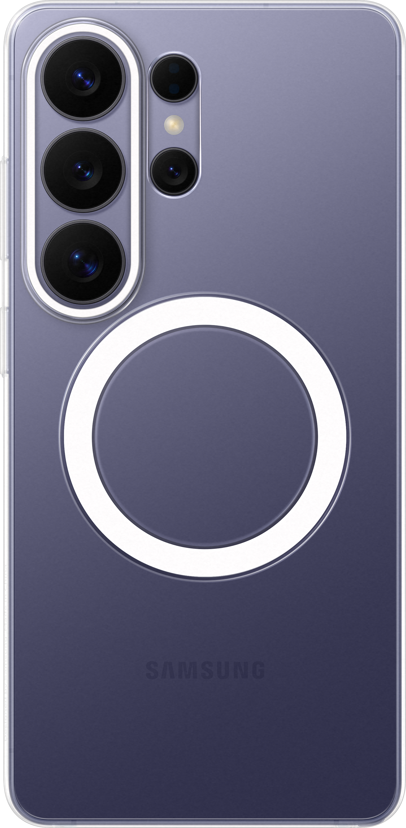 Retro di uno smartphone viola con quattro fotocamere e un cerchio bianco.