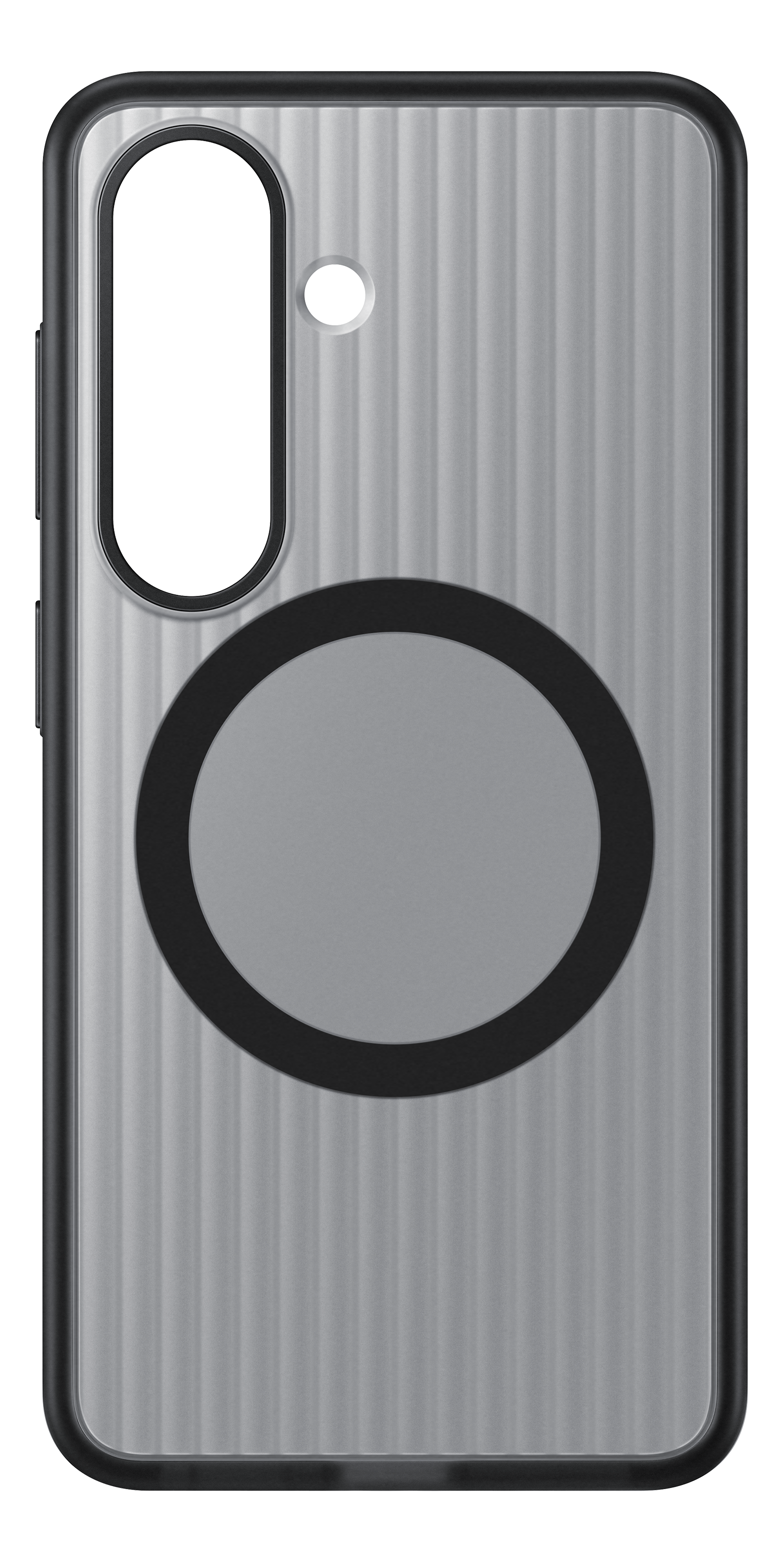 Custodia per telefono argentata con motivo a coste, ritaglio fotocamera e cerchio.