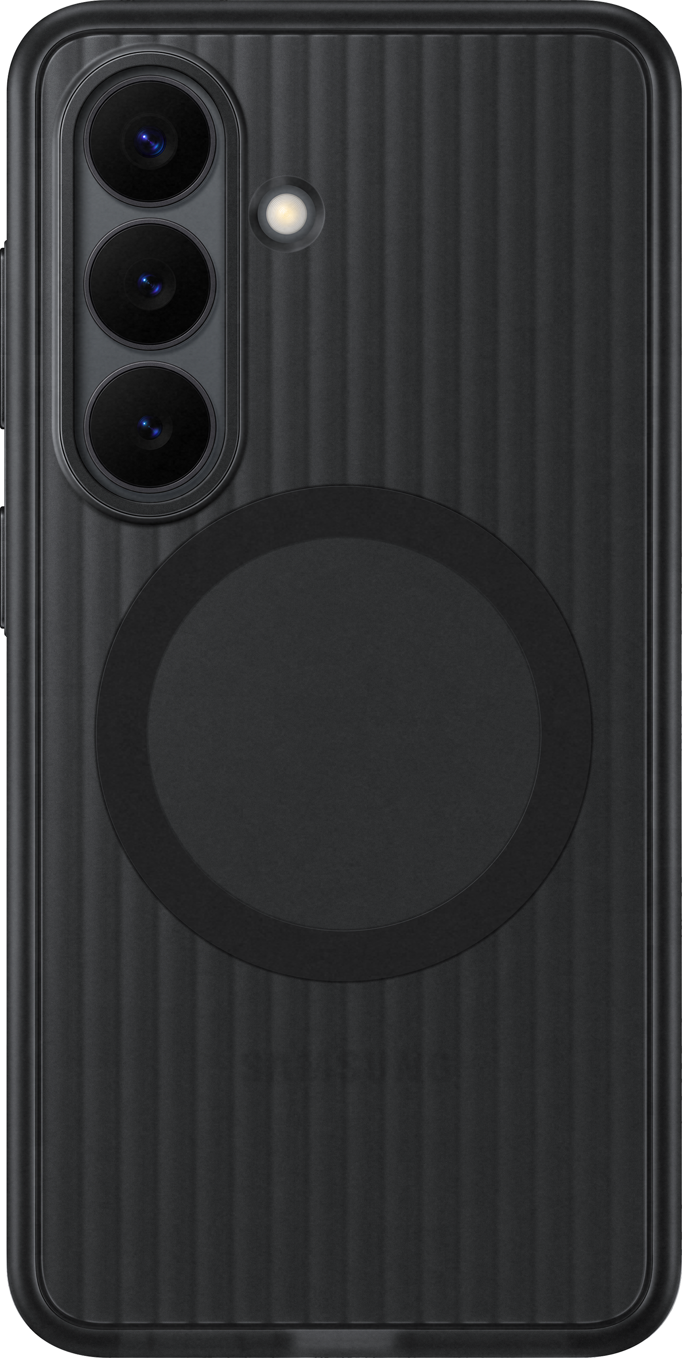 Telefono nero con scanalature verticali, tre fotocamere e flash.