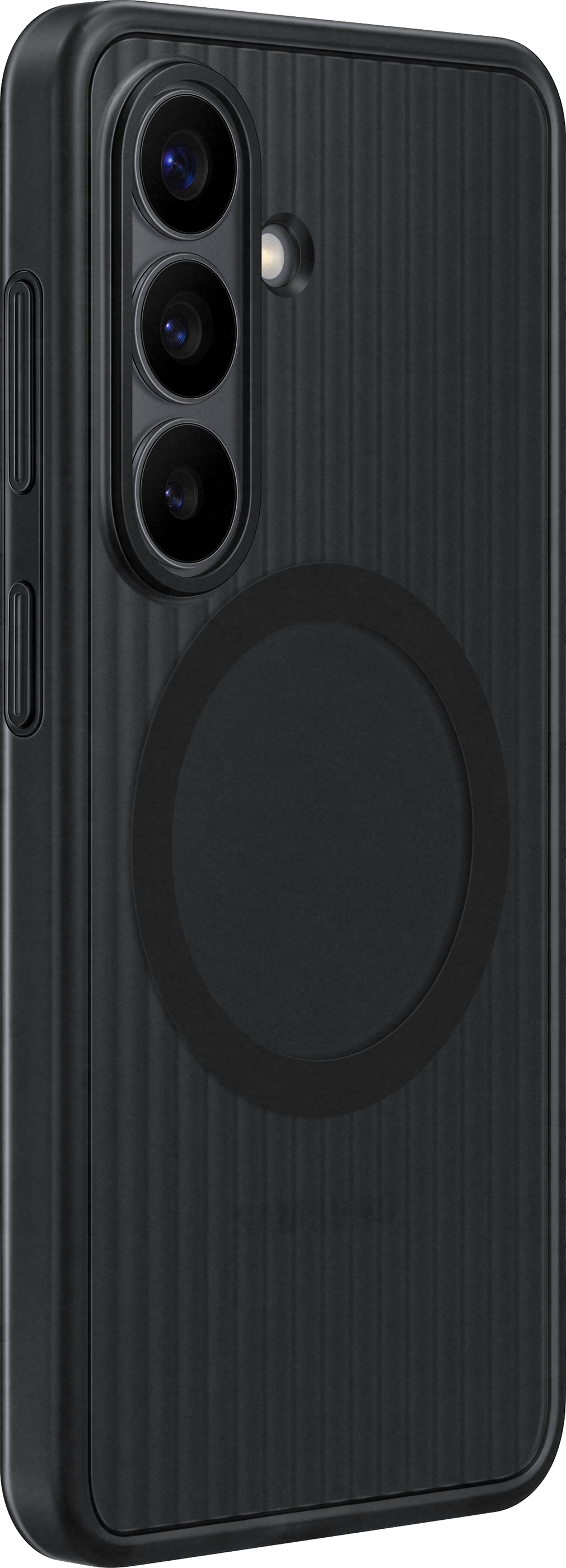 Telefono nero con scanalature verticali e piastra magnetica circolare.