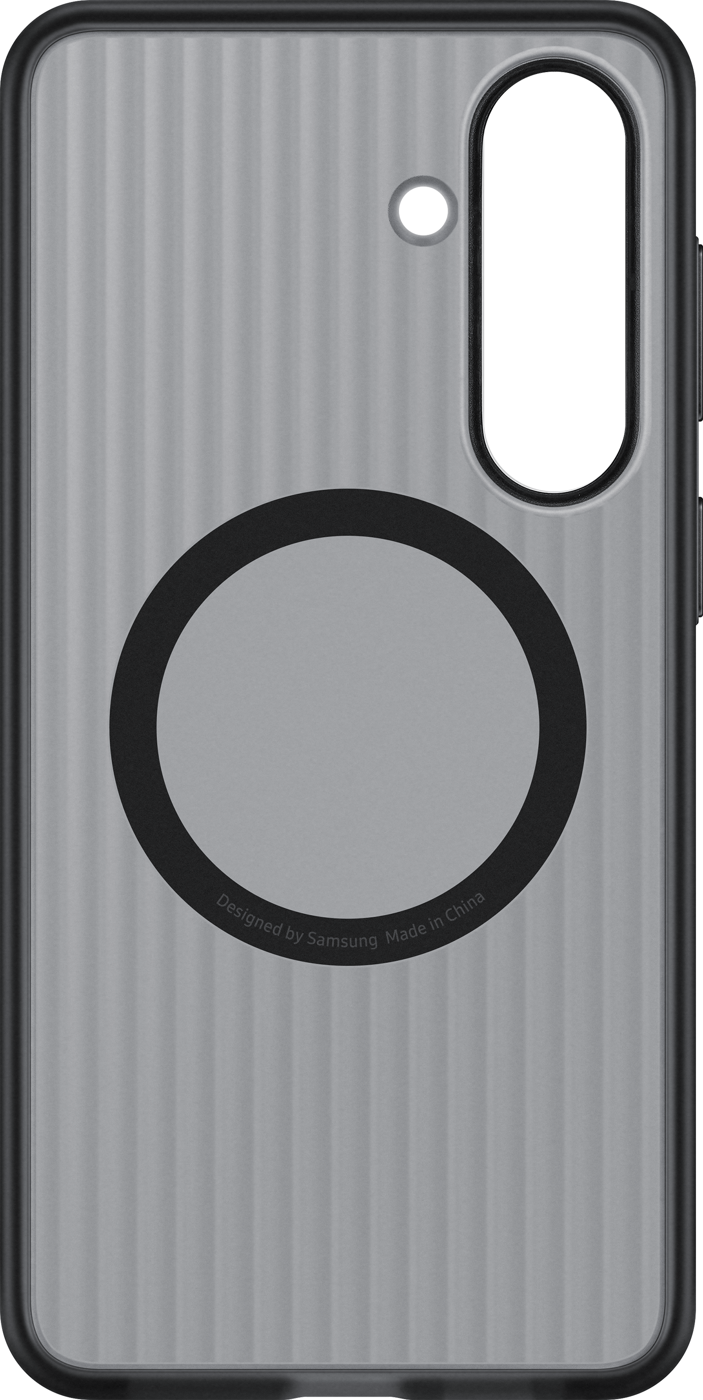 Cover grigia per telefono con strisce verticali, cerchio nero e foro fotocamera.