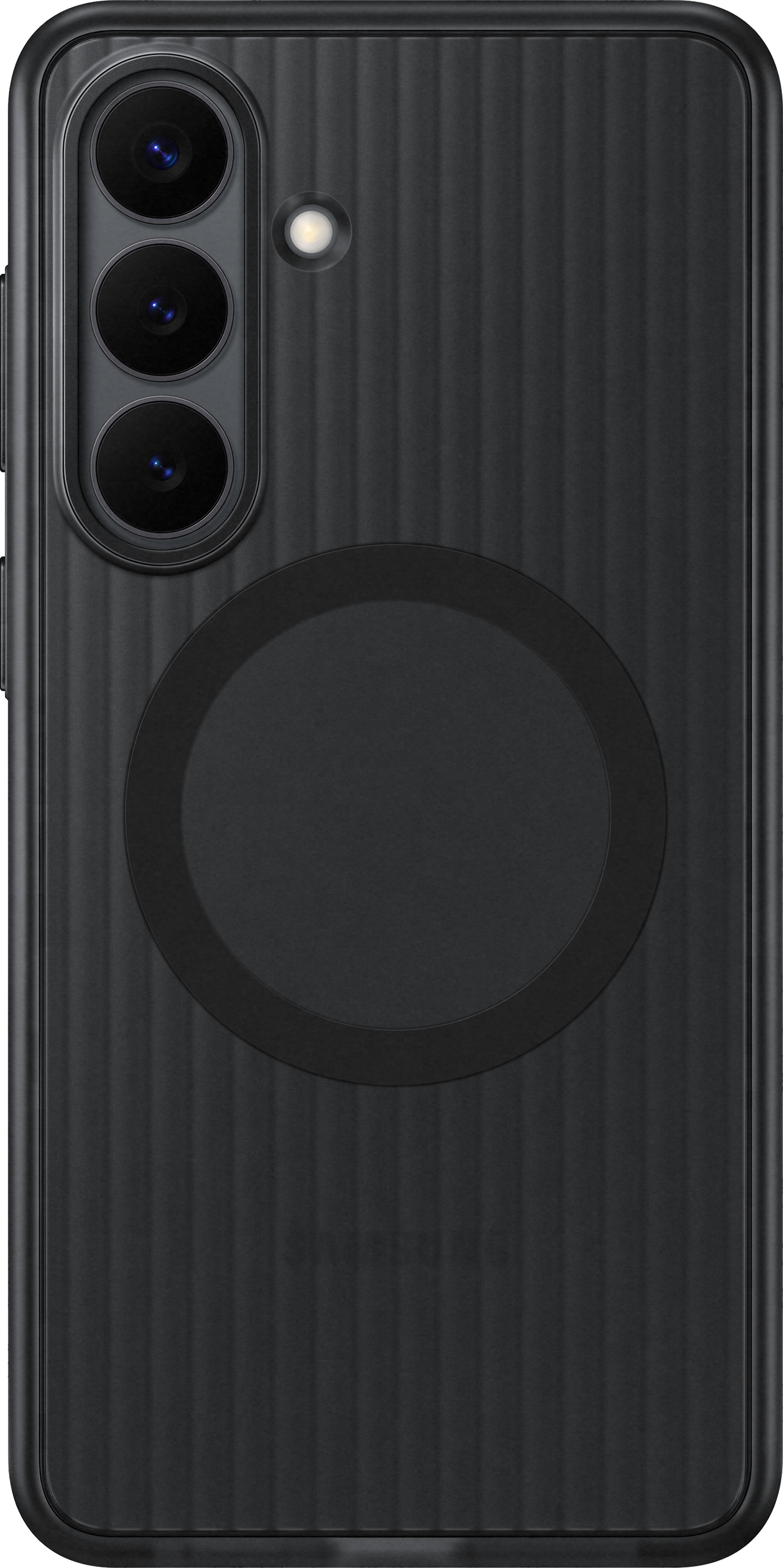 Telefono nero con tre fotocamere, flash e cerchio di ricarica.