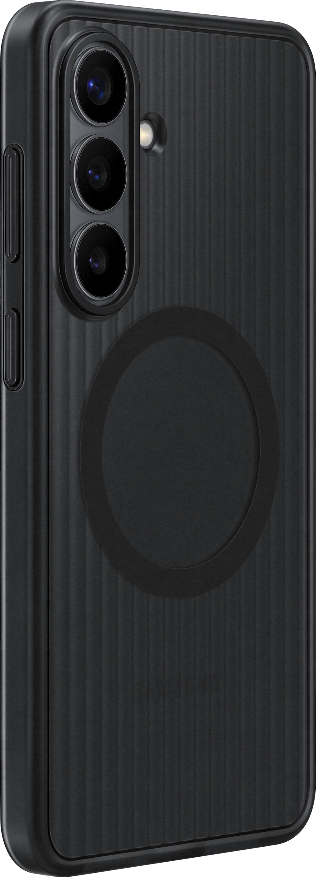 Cover nera per telefono con scanalature verticali e modulo fotocamera.
