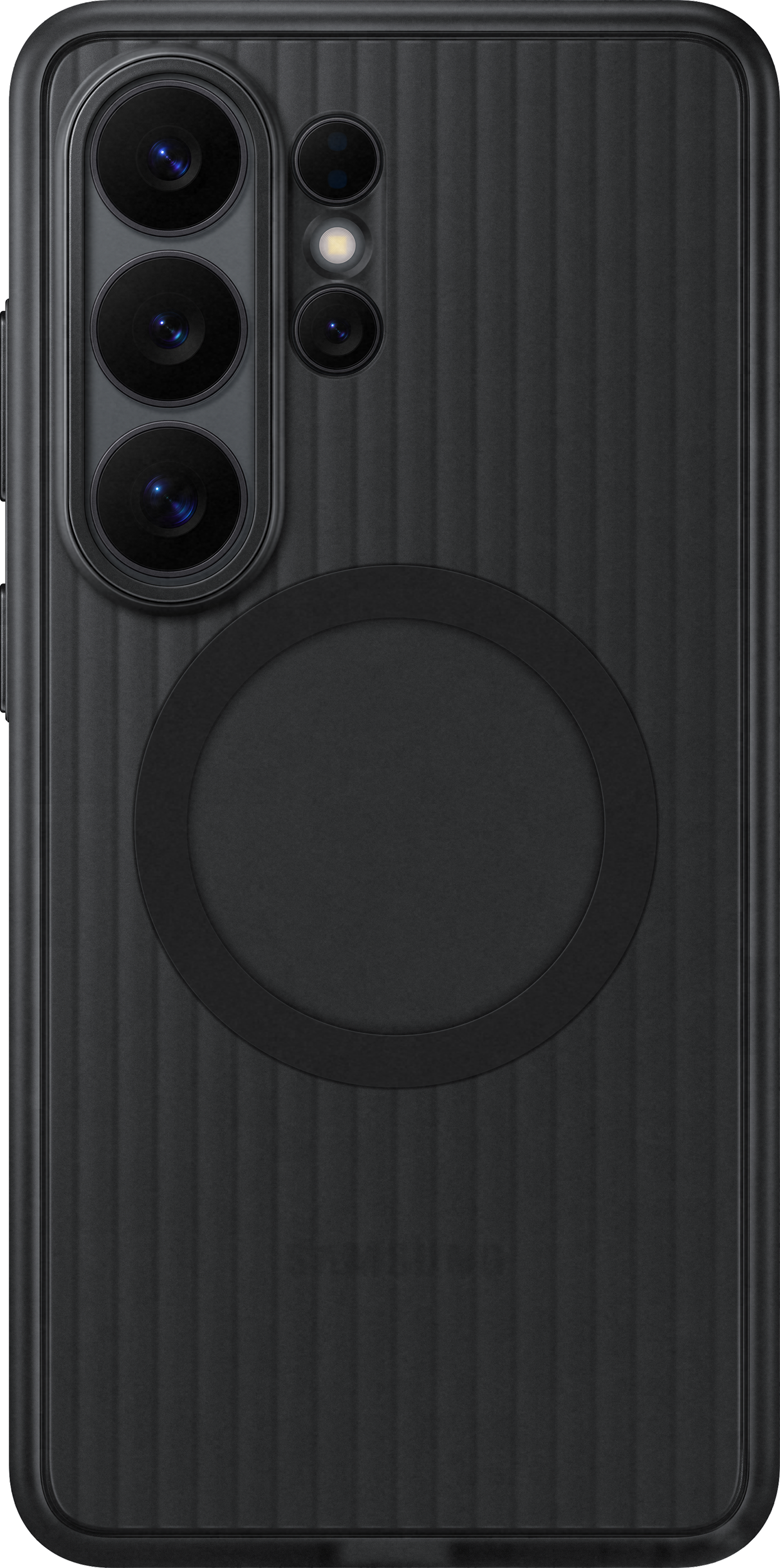 Retro di un telefono nero con scanalature verticali e lenti.