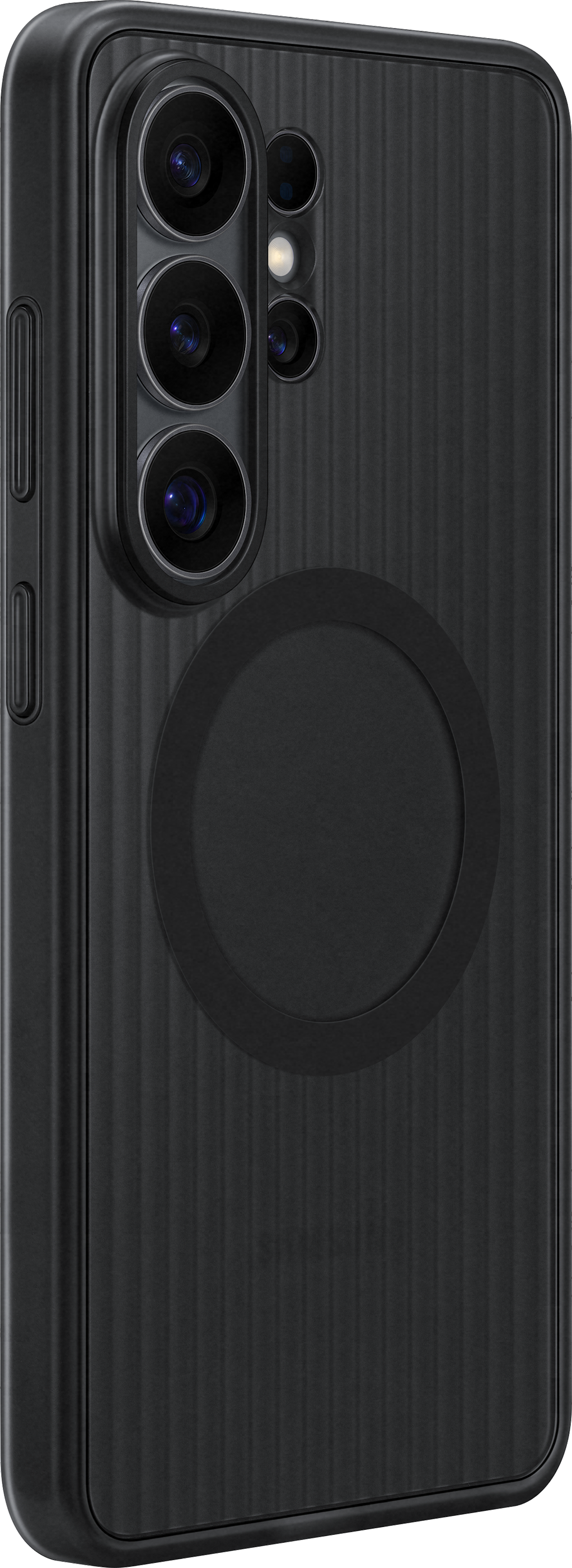 Telefono nero con scanalature verticali, modulo fotocamera e accento circolare.
