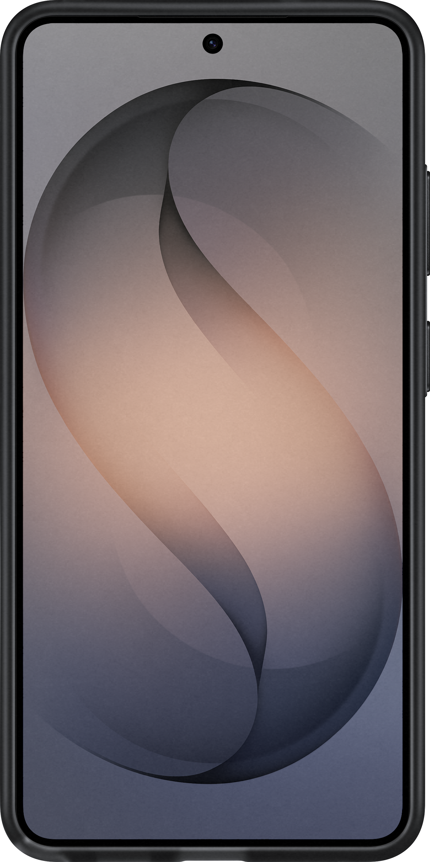 Uno smartphone nero con un motivo astratto e curvo nei toni arancio e grigio.