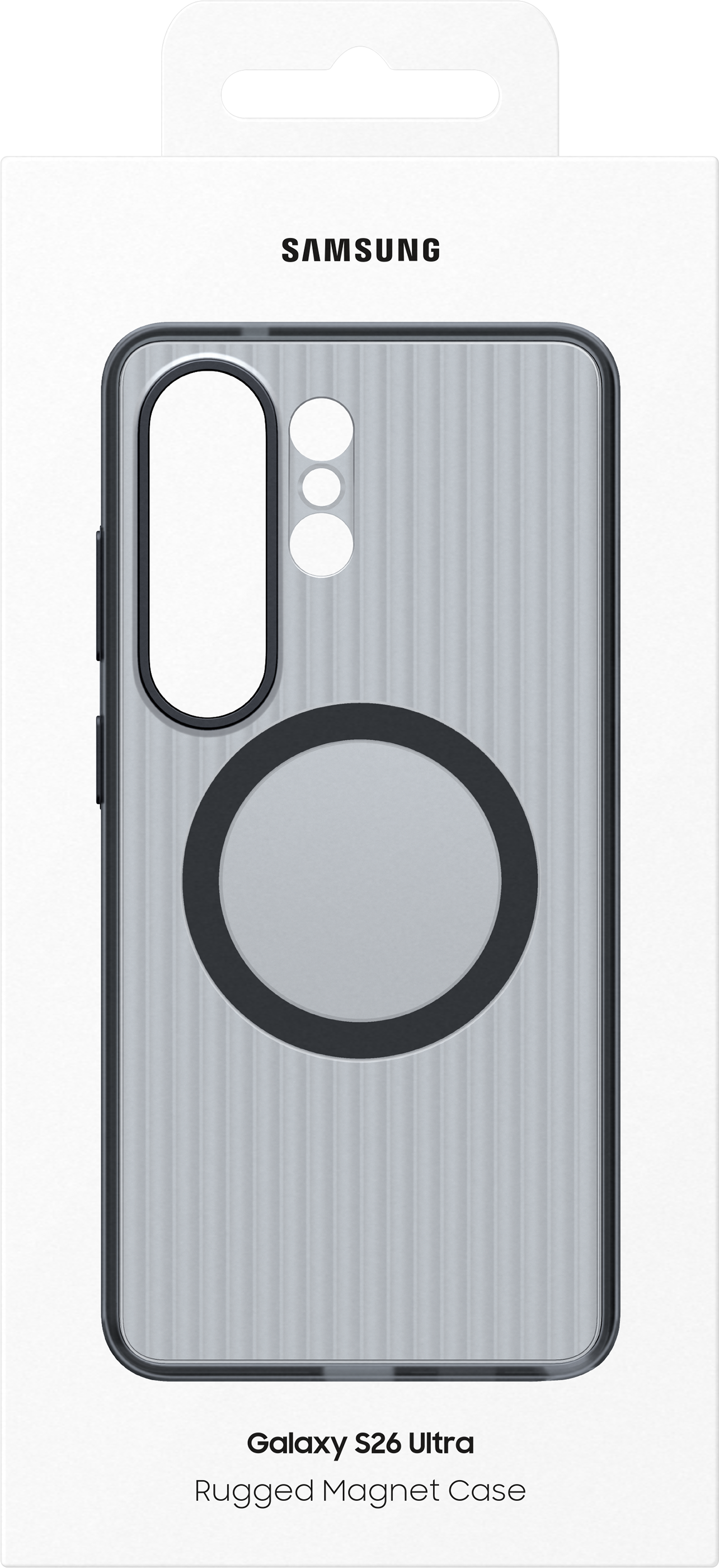 Confezione Samsung Galaxy S26 Ultra Rugged Magnet Case con custodia trasparente.
