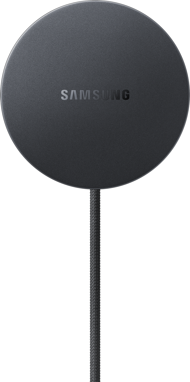 Chargeur rond gris Samsung avec câble.