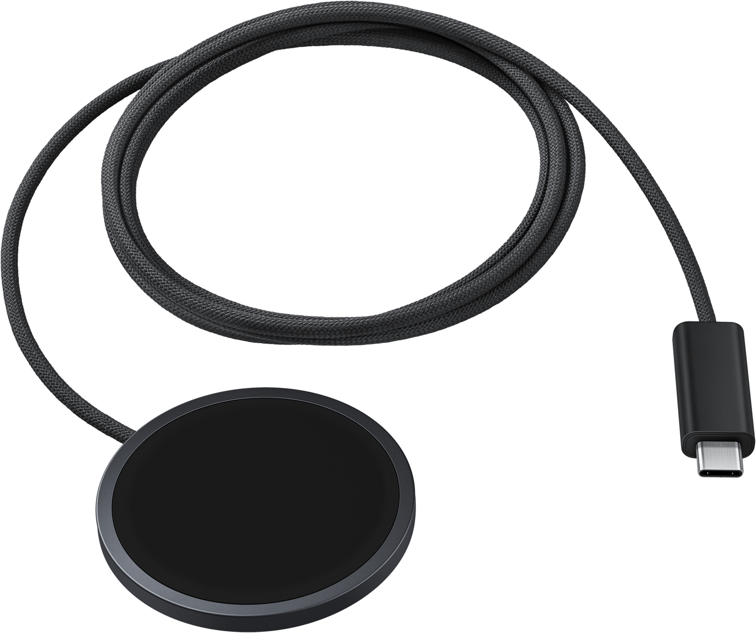 Chargeur rond noir avec câble USB-C tressé.
