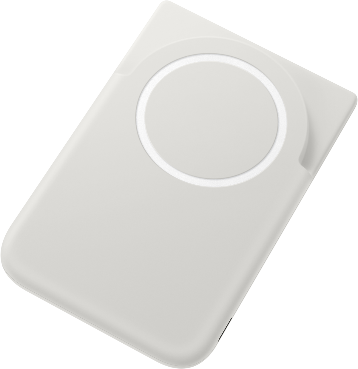 Un objet rectangulaire blanc aux coins arrondis avec un cercle au centre.