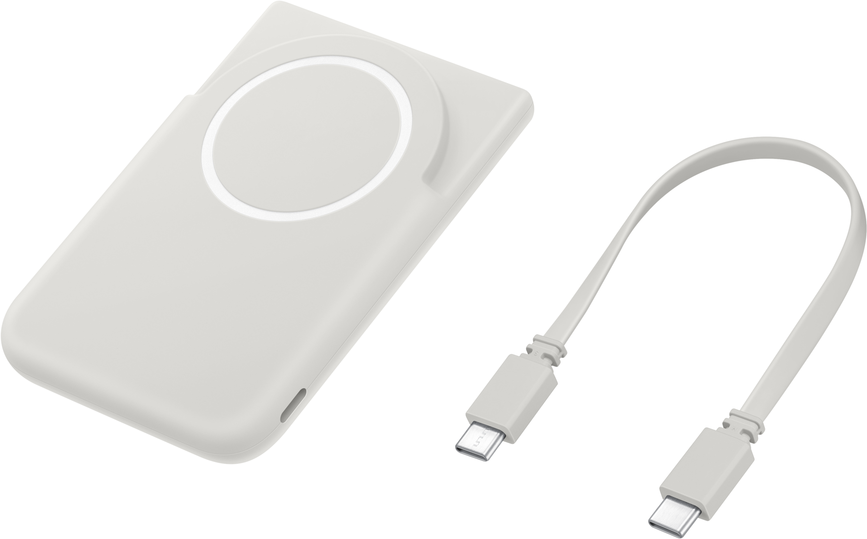 Un accessoire de charge blanc et un câble USB-C sur fond noir.