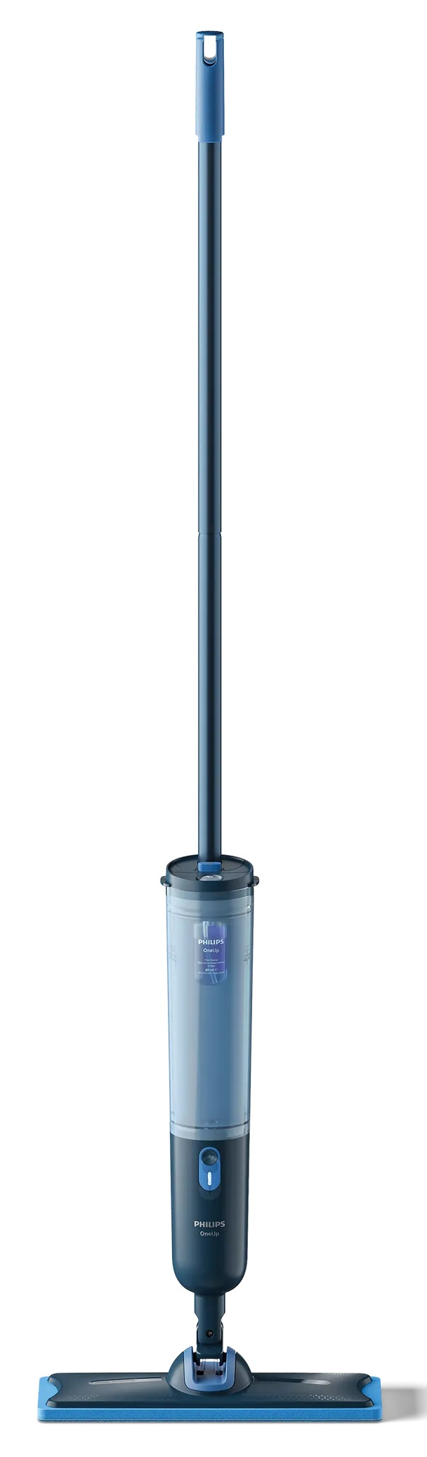 Niebieski odkurzacz bezprzewodowy Philips ze zbiornikiem na wodę i końcówką podłogową.