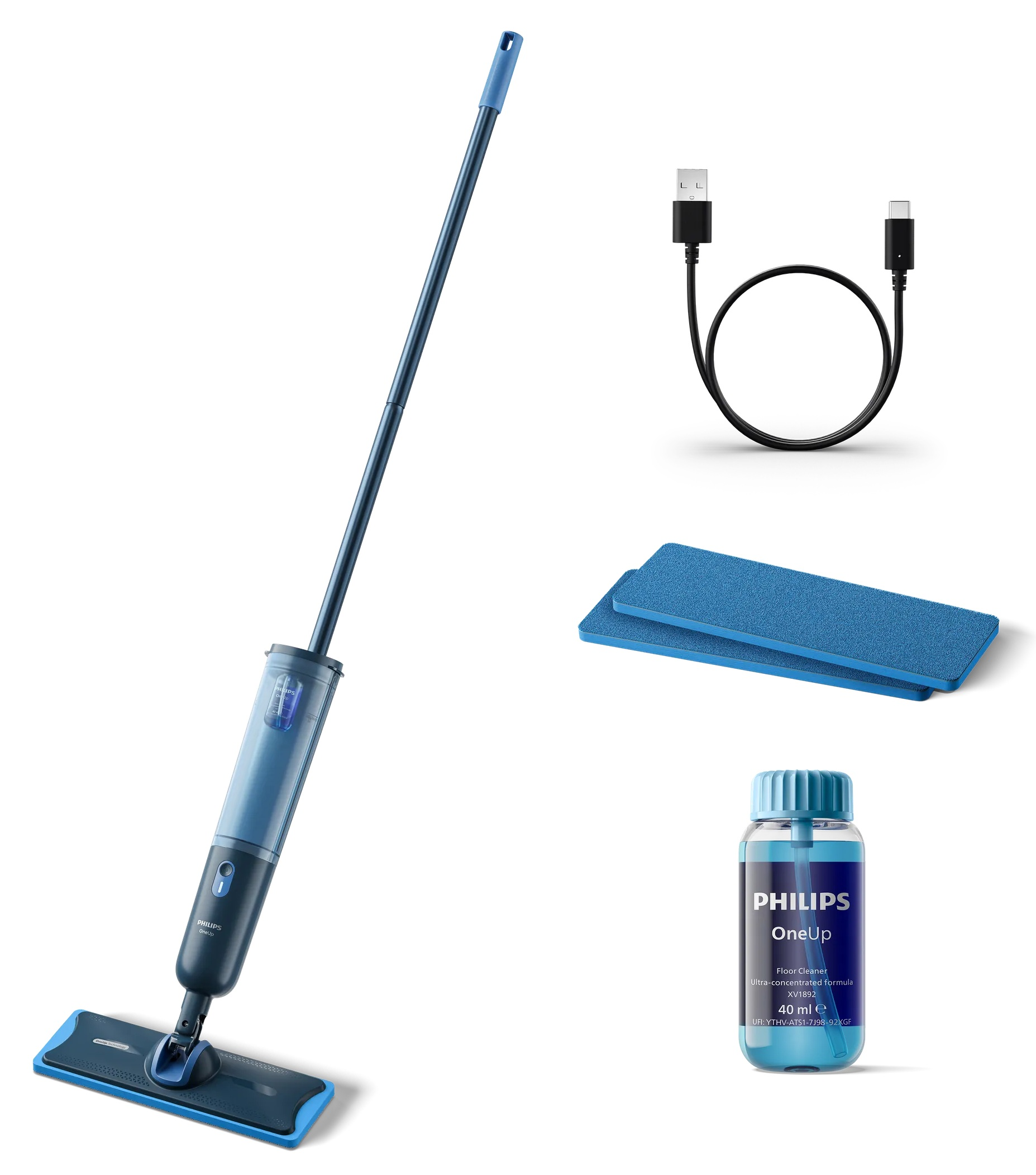 Niebieski mop natryskowy z akcesoriami: kabel USB, pady i butelka środka czyszczącego.