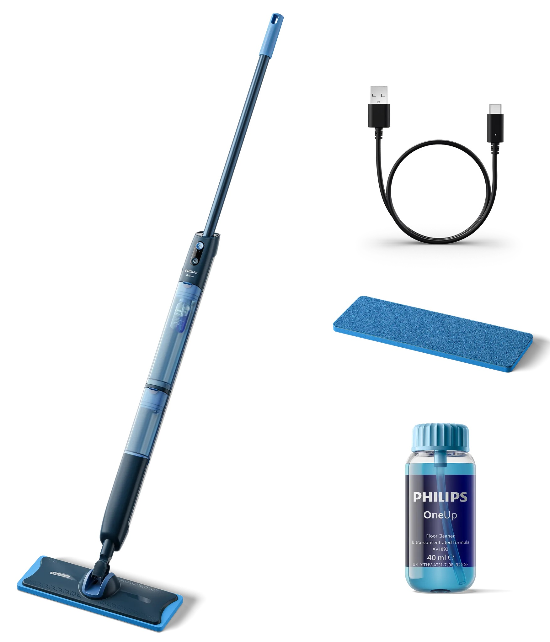 Niebieski czyścik do podłóg Philips OneUp z akcesoriami: kabel, pad i butelka z płynem.