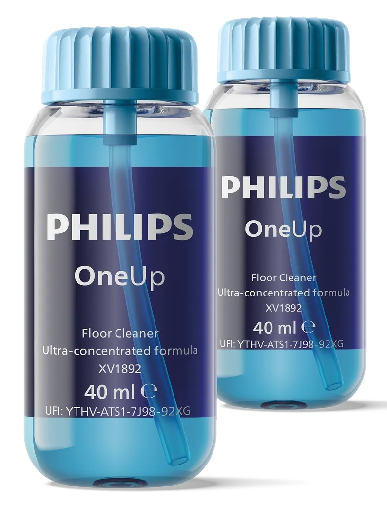 Dwie butelki płynu do czyszczenia podłóg Philips OneUp z niebieskim płynem i etykietami.