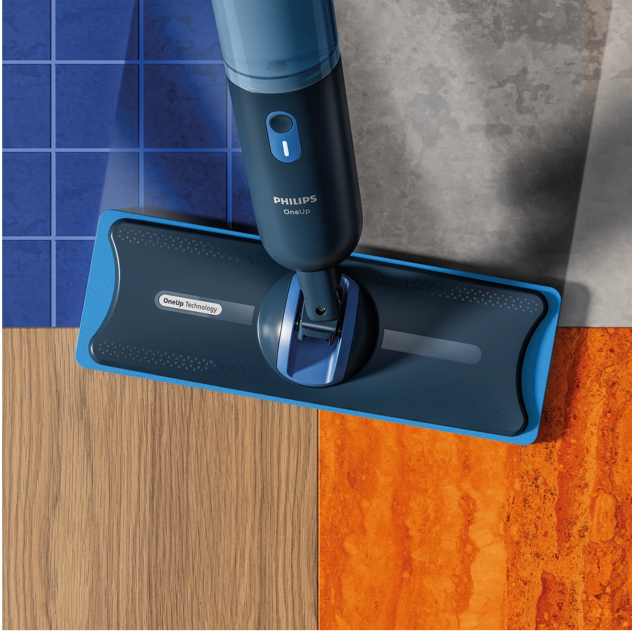 Niebieski mop Philips OneUp na różnych podłogach: płytki, drewno i kamień.