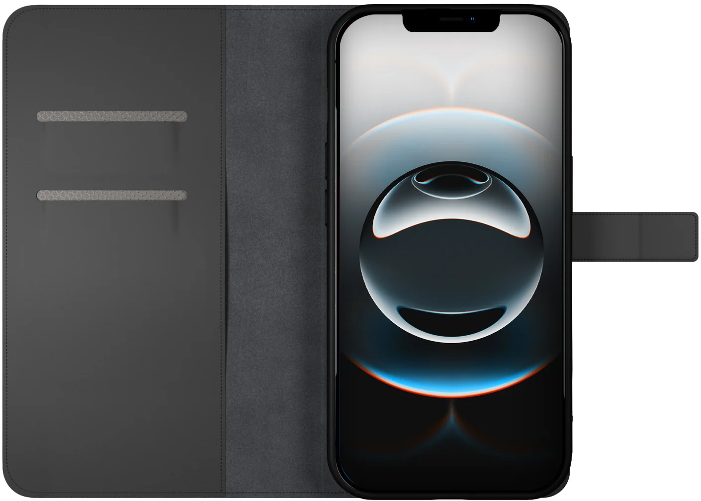 Ein schwarzes iPhone-Flipcase mit zwei Schlitzen und einem Smartphone mit dunklem Hintergrundbild.