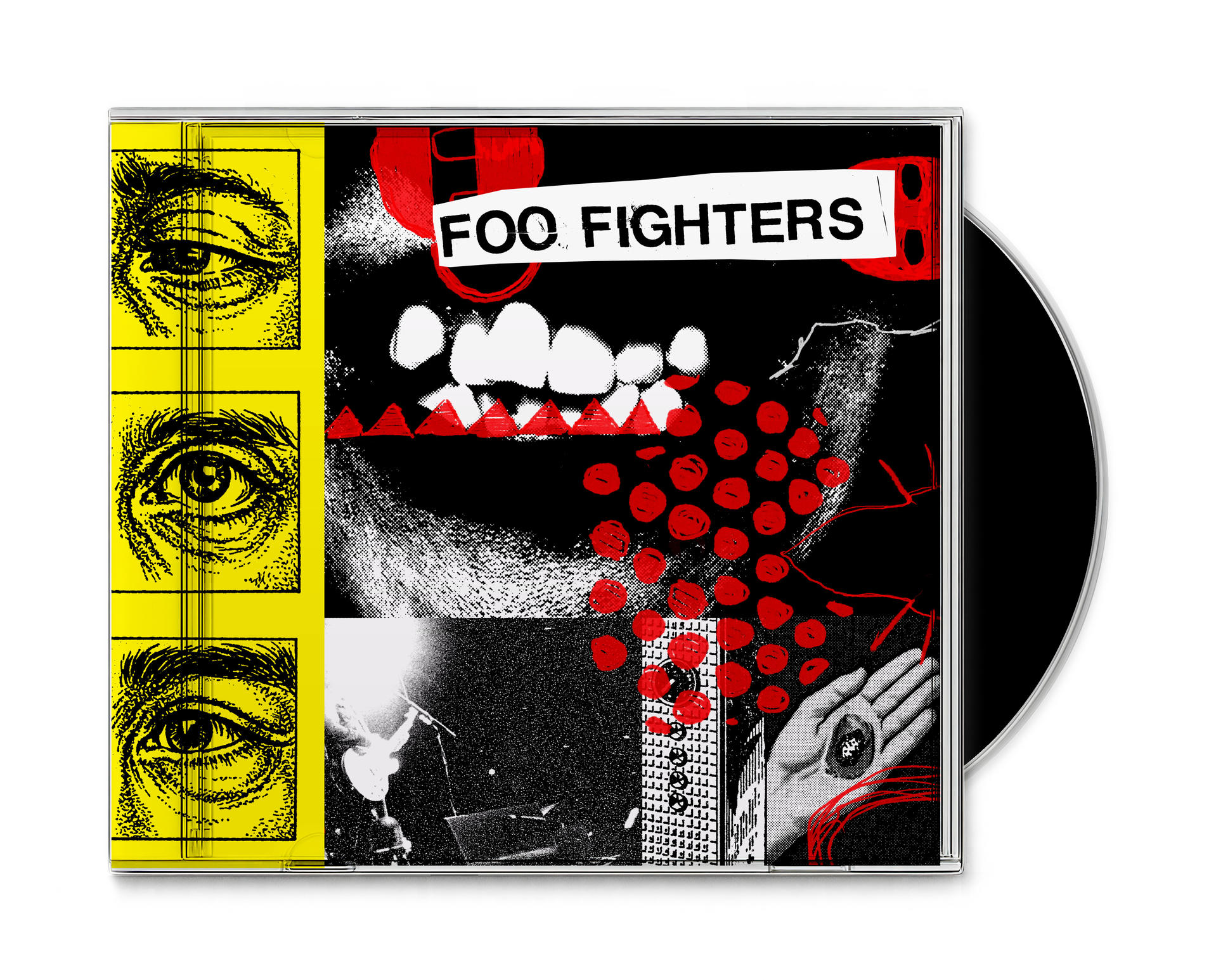 CD-Cover mit drei Augen-Zeichnungen, Text, Zähnen und roten Punkten.