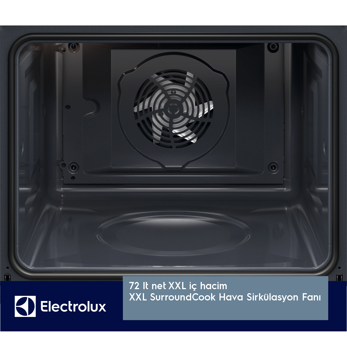 Ventilatörlü fırın içi ve Electrolux logosu.