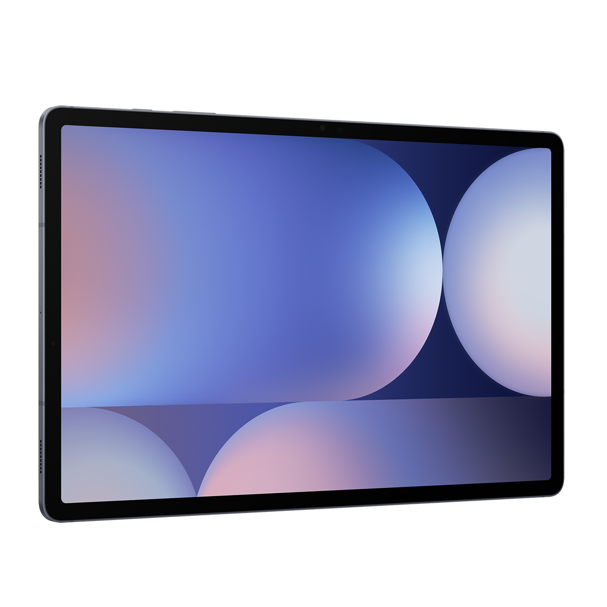 Soyut mavi ve pembe duvar kağıdı gösteren gri tablet.