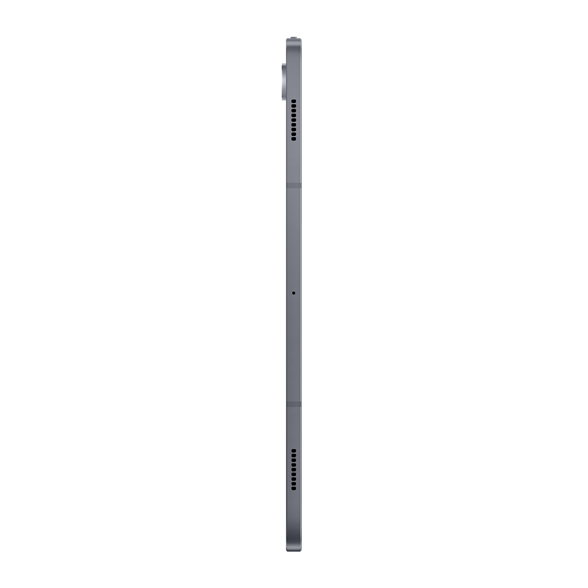 Gri tablet yan görünüm, hoparlör ızgaraları ve bir delik.