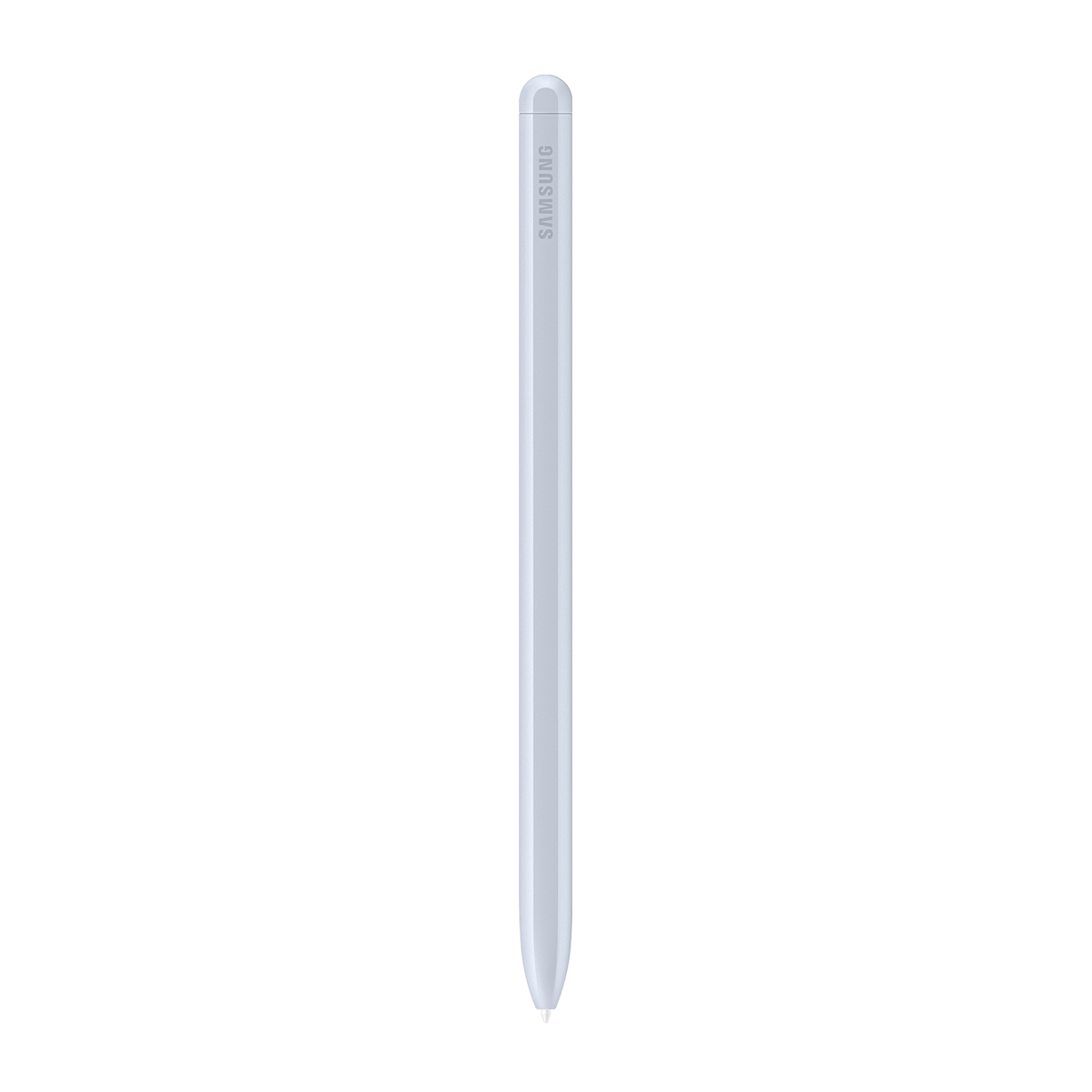 Beyaz arka plan üzerinde SAMSUNG logosu bulunan ince, açık renkli kalem.