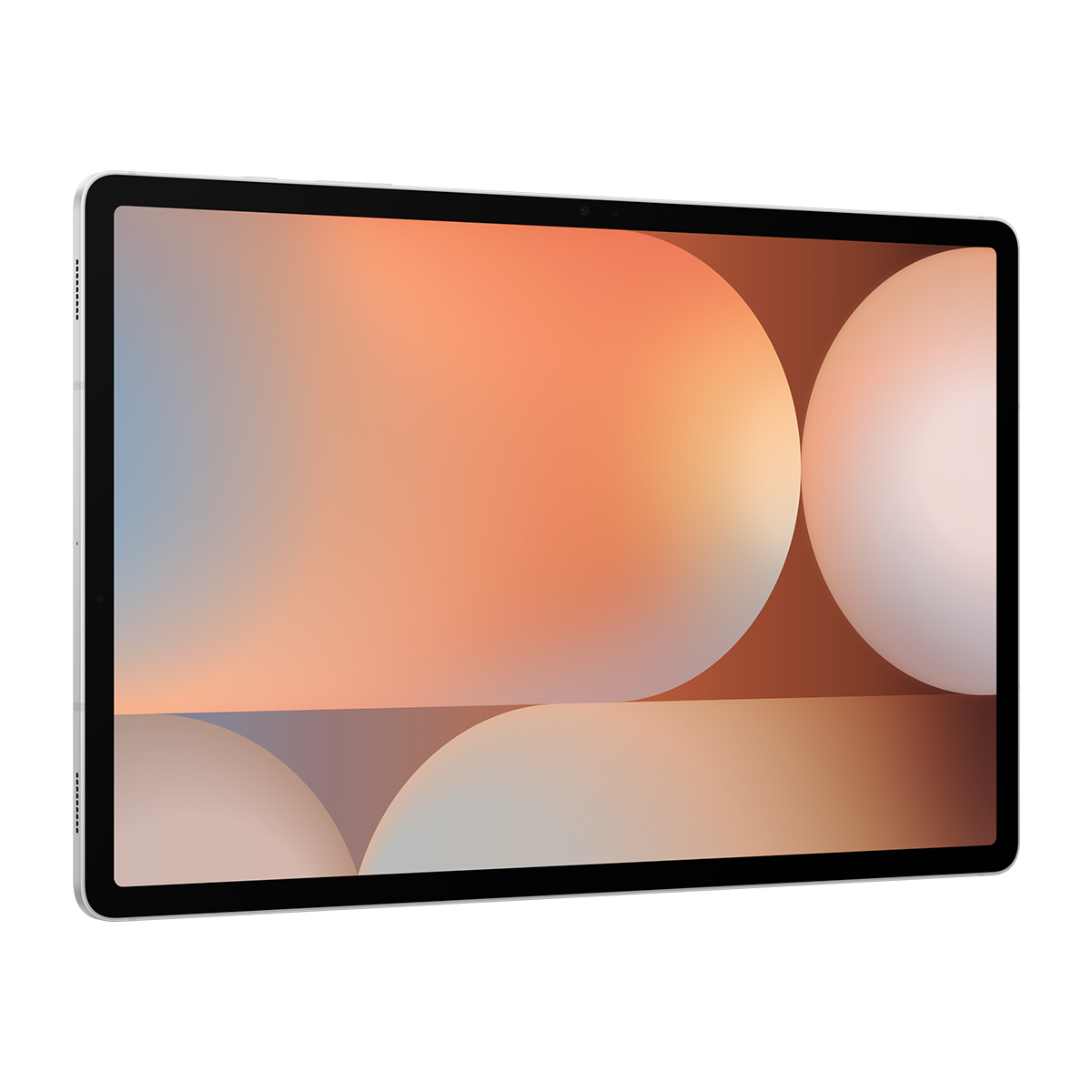 Soyut, pastel renkli bir arka plana sahip gümüş tablet.
