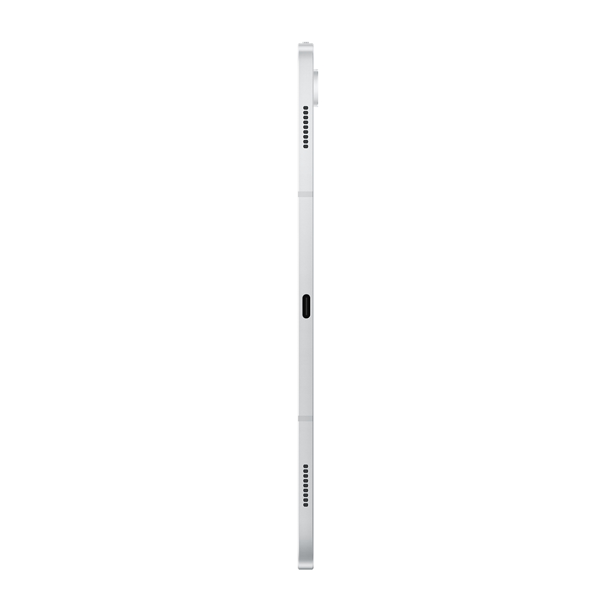Şarj portu ve hoparlör ızgaraları olan gümüş tablet, profil görünümü.