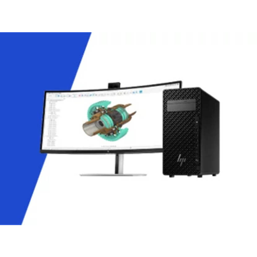 Un monitor curvo muestra un diseño 3D junto a una torre de computadora de escritorio negra.