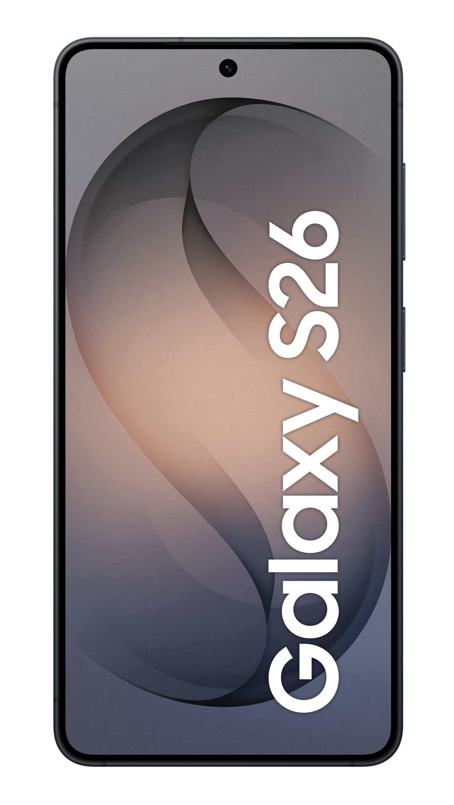 Ciemny smartfon z napisem "Galaxy S26" na ekranie.