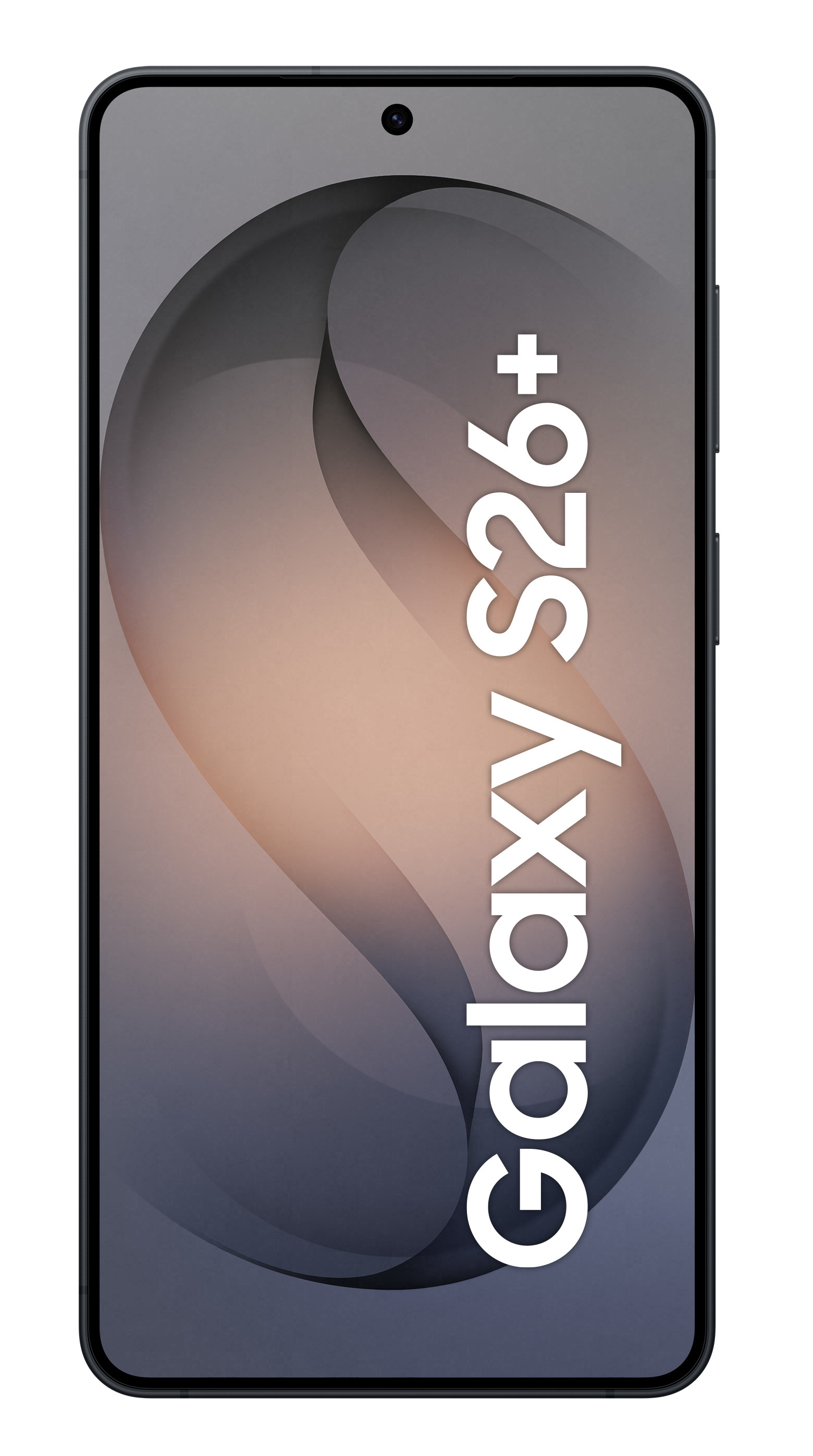 Ciemny smartfon z napisem "Galaxy S26+" na ekranie.