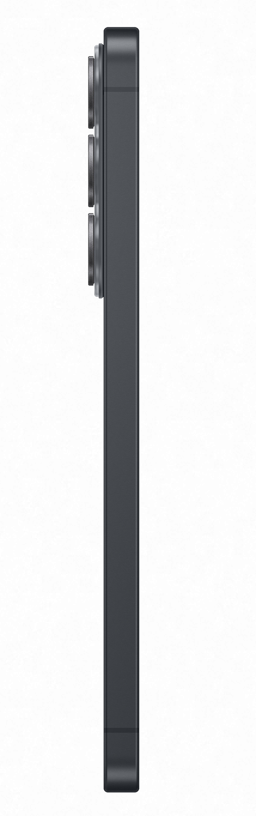 Ciemny smartfon z profilu z trzema aparatami na białym tle.