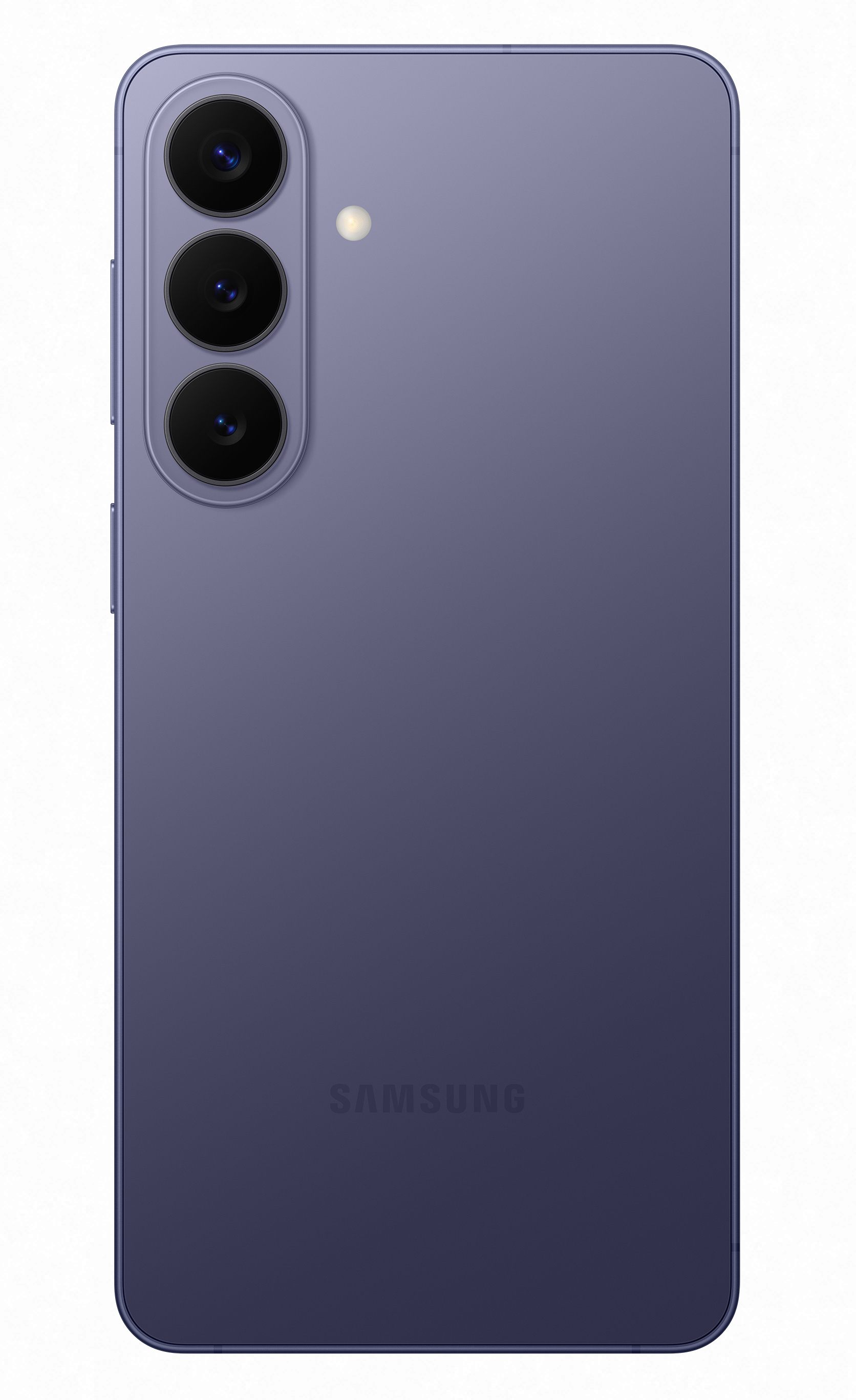 Tył fioletowego smartfona Samsung z trzema aparatami i lampą błyskową.