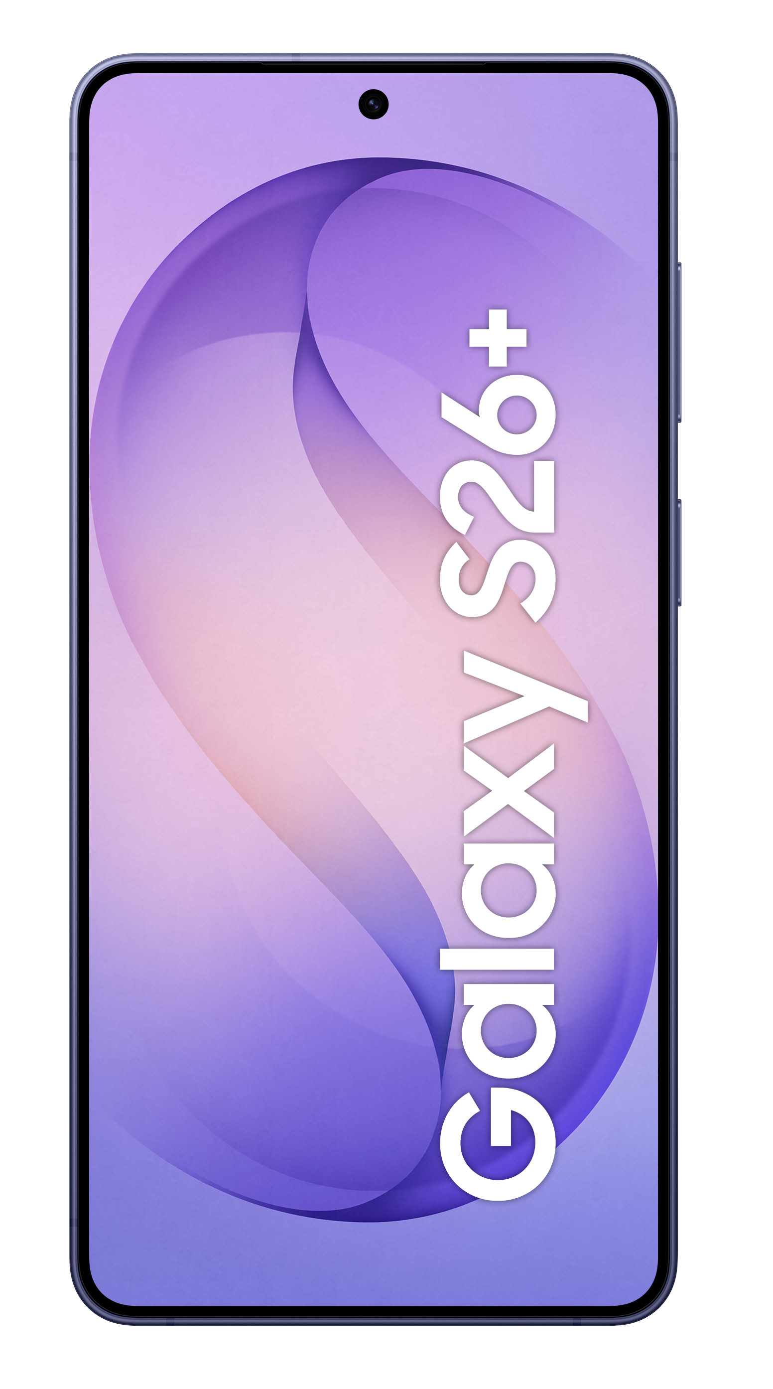 Ciemny smartfon z napisem 'Galaxy S26+' na fioletowo-różowym abstrakcyjnym tle.