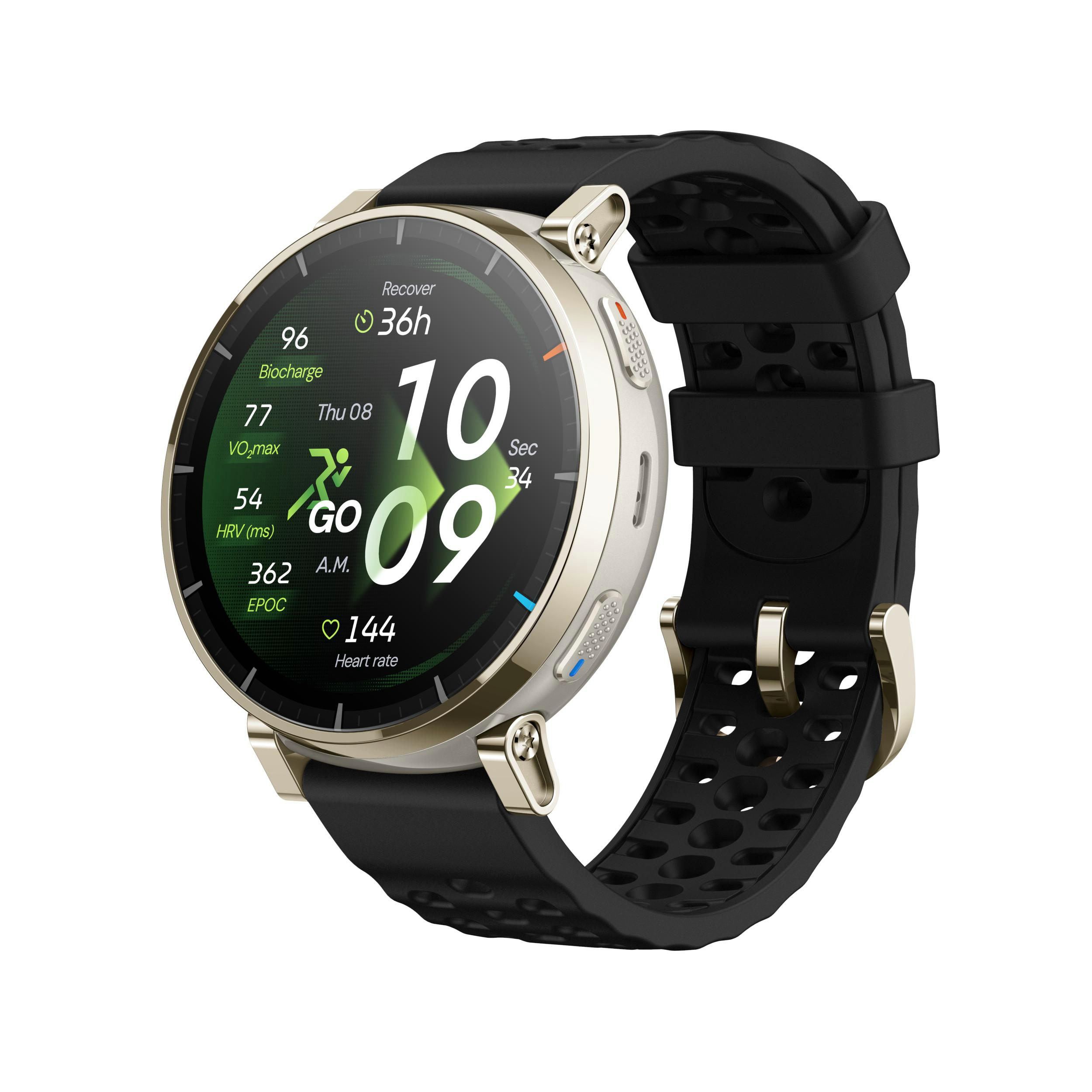 Eine goldene Smartwatch mit schwarzem Armband auf weißem Hintergrund, zeigt Fitnessdaten.