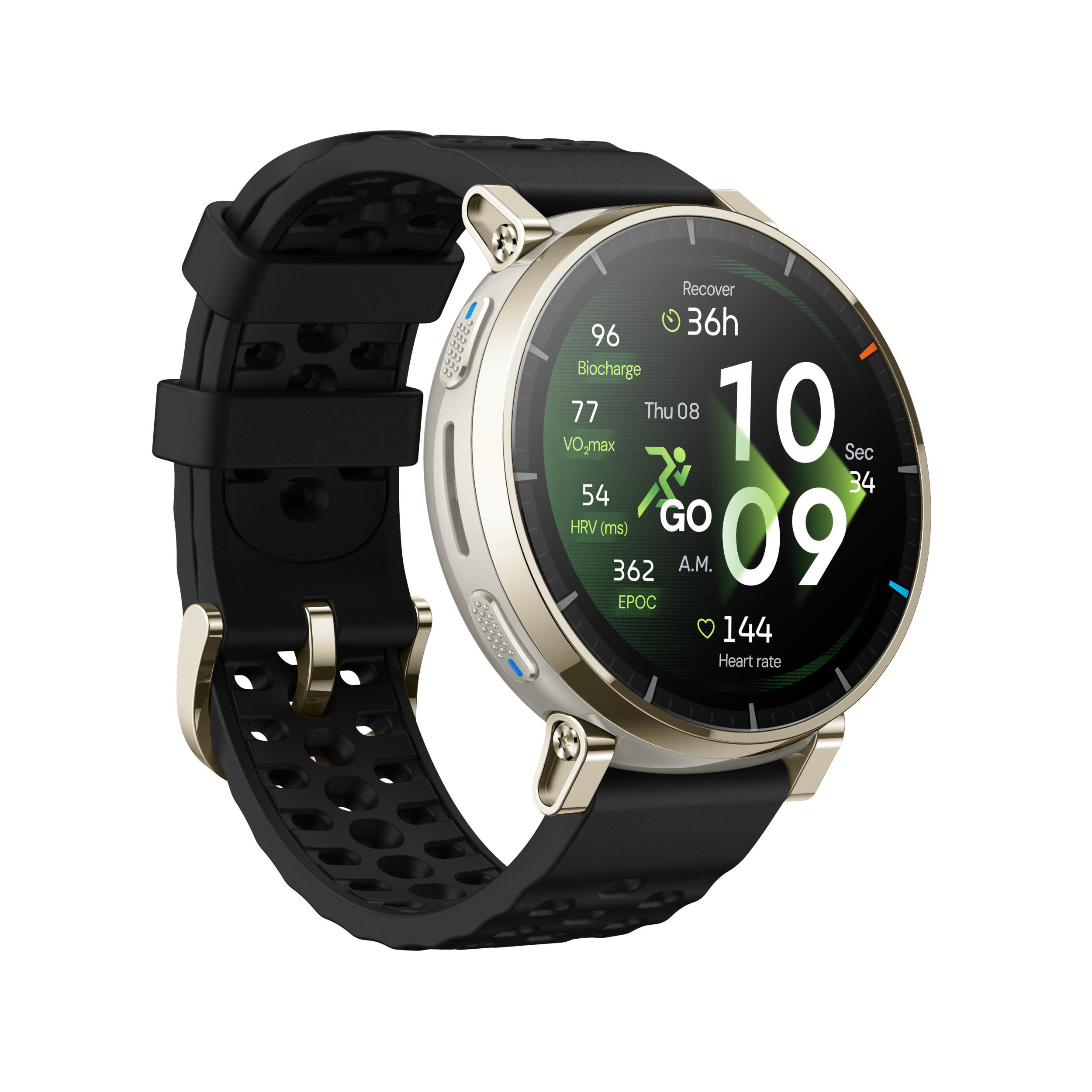 Eine goldene Smartwatch mit schwarzem Armband zeigt Trainingsdaten an.