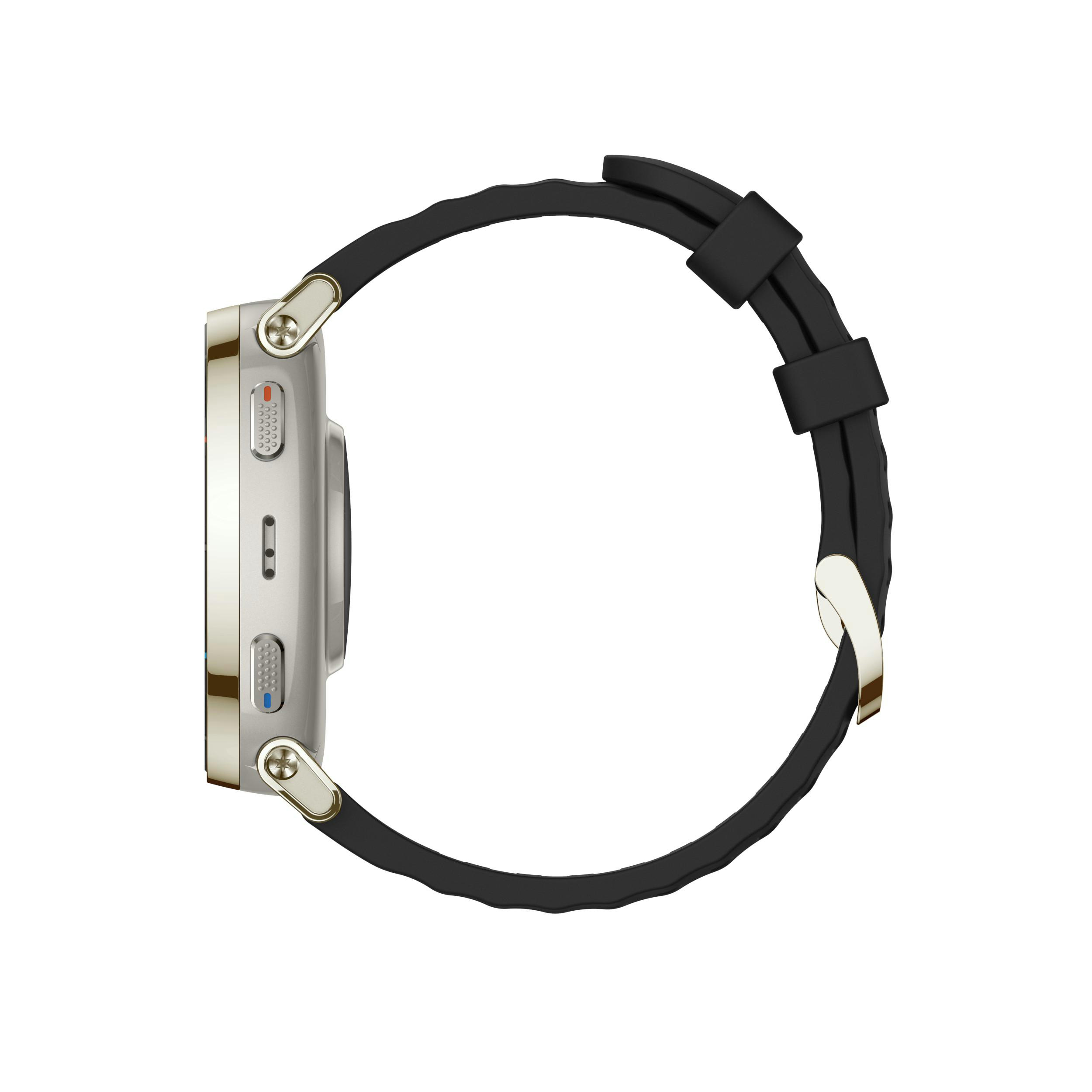 Silberne Smartwatch mit schwarzem Armband, seitliche Ansicht mit Knöpfen.